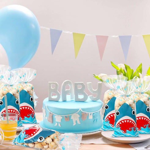 100 Pieces Shark Party Bags, 12.5 x 27.5 cm/ 4.9 x 10.8 Inch Shark Plastic Candy Bags Sea Birthday Goodie Favor with 100 Silver Twist Ties for Sum...