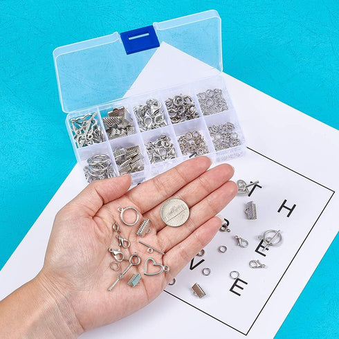 Pandahall 1 Box Jewelry Making Finding Kits with Lobster Clasps/Spring Clasps/Toggle Clasps/Ribbon Ends/Jump Rings (Platinum)...