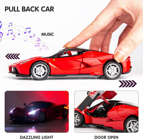 BDTCTK Compatible for 1:32 Ferrari Car Model Pull Back Car with Sound and Light for Kids Boy Girl, Metal Body Door Opened Red...