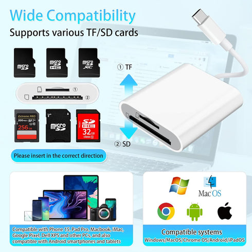USB C SD TF Card Reader 2in 1 High Speed High Capacity No Need to Download App Support Transfer Video, Picture, File Micro SD Card Reader Compatib...