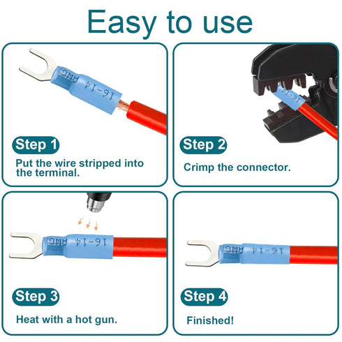 220PCS Fork Connectors Heat Shrink, Fork Connector Tinned Copper, Fork Terminals Waterproof #8#10, 12-10 16-14 22-16 Gauge....