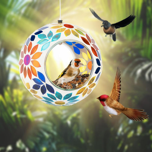 Backyard Expressions Hanging Glass Bird Feeder - Multicolor - Fly Through Bird Feeders for Outside, Mosaic Bird Feeder, Round Shape Wild Birdfeede...