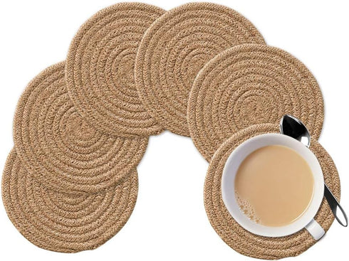 Gracelife 6pcs Cup Mat Pure Cotton Thread Weave Round Drink Hot Pads Mats Set Absorbent Scald-proof Drink Coasters (Jute color)...