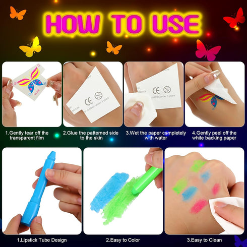 Glow in The Dark Party Supply 20 Sheet (Over 160 Pcs) Glow Temporary Tattoo Stickers,12 UV Neon Light Face Body Crayons Paint Kit for Kid Adult Ma...