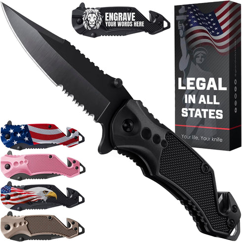 2.95” Serrated Blade Pocket Knife - Black Folding Knife with Glass Breaker and Seatbelt Cutter - Small EDC Knife with Pocket Clip for Men Women - ...