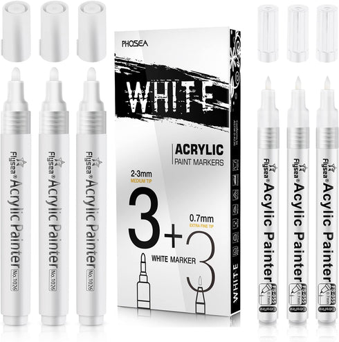 White Acrylic Paint pens (6 Pack) Variety Pack - Extra Fine 0.7MM & Medium Tip 2-3MM - Water Based Paint Markers for Rock Painting, Stone, Ceramic...