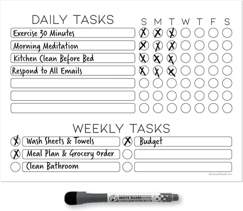 Dry Erase Whiteboard Task Planner by Glassboard Studio | Removable and Restickable Adhesive Decal | Fine-Tip Magnetic Marker Included (9 x 12 inch...