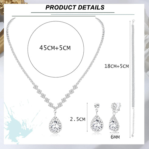 FIBO STEEL Clip on Rhinestone Jewelry Set for Bridal Bridesmaid Wedding Teardrop Pendant Earrings Necklace Bracelets Set for Women Party Prom Cost...