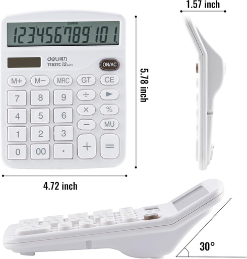 Calculators Desktop, White Calculator, Cute Calculator 12 Digit Desk Calculator Large Display, Dual Power Solar Battery, Office Home School Suppli...
