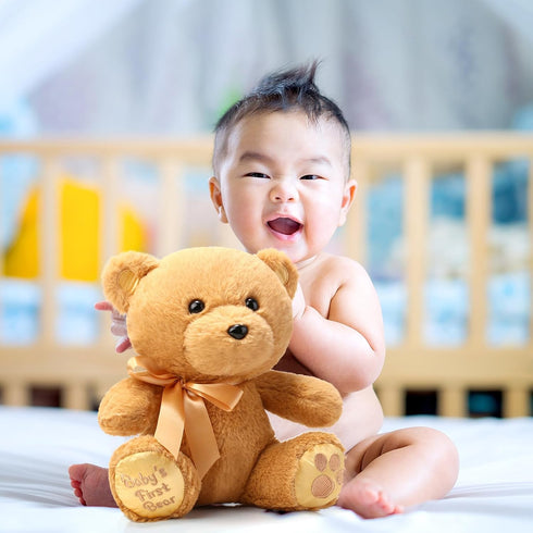 10 Inch Bear Stuffed Animal First Bear Baby Shower Bear Plush Toy for Wedding Birthday Baby Shower Party Favor Gift(Brown)...