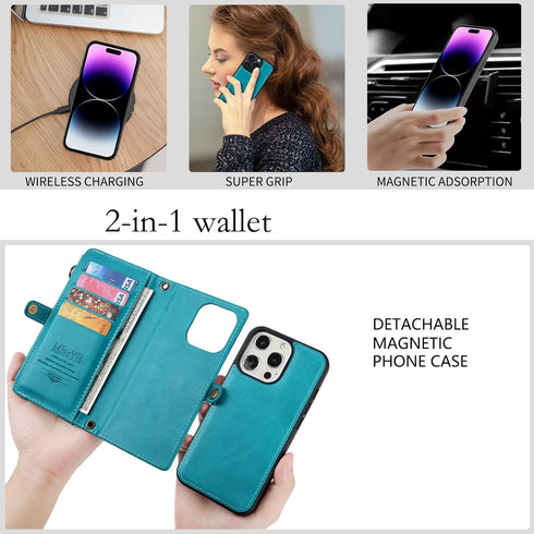 MInCYB for iPhone 13 Wallet Case with Card Holder (12 Card Slots) - PU Leather Case for Women & Men, Wireless Charging, Detachable Magnetic, Cross...