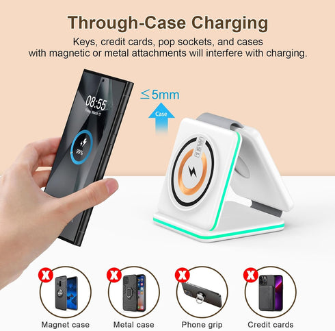 15W Fast Wireless Charger Pad Foldable 3 in 1 Travel Wireless Charging Station Kick for Samsung Galaxy S24 S23 FE S22 S21 S20/Note20/Z Flip Fold 6...