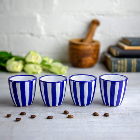 City to Cottage Ceramic Espresso Cups of 4, Small Expresso Shots, Demitasse, Perfect for Espresso Machine, Handcrafted Navy Blue Stripe Coastal Cu...