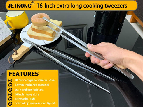 JETKONG 16-Inch Fine Tweezer Tongs Extra-Long Cooking Tweezer Stainless Steel Kitchen Tweezers (Round-Tips)...