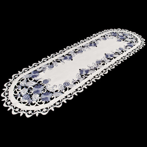 Embroidered Delft Blue Onion Flower Table Runner, Dresser Scarf, Doily (15Wx34L)...