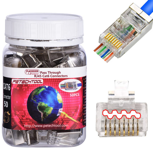PETECHTOOL RJ45 23AWG Cat6a Cat6 Connector Gold Plated 8P8C Pass Through Shield Plug (50pieces)...