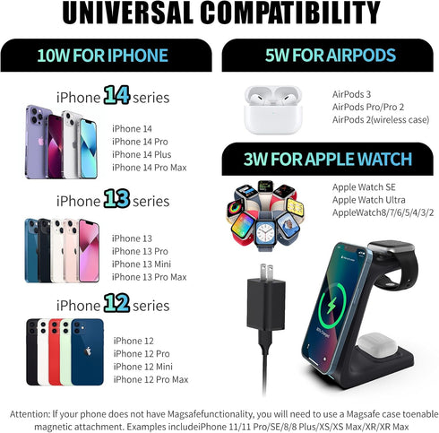 3 in 1 Magnetic Wireless Charger Station for Apple Devices with 30W QC3.0 Adapter 7.5W/15W Fast Charging for iPhone12/13/14/15/Pro/Pro Max/Plus/Mi...