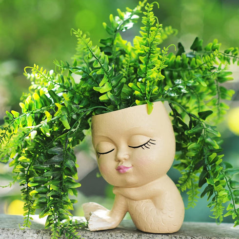 Face Planter Head Planters for Indoor Plants Succulent Cute Mermaid Resin Face Pot with Drainage Hole...