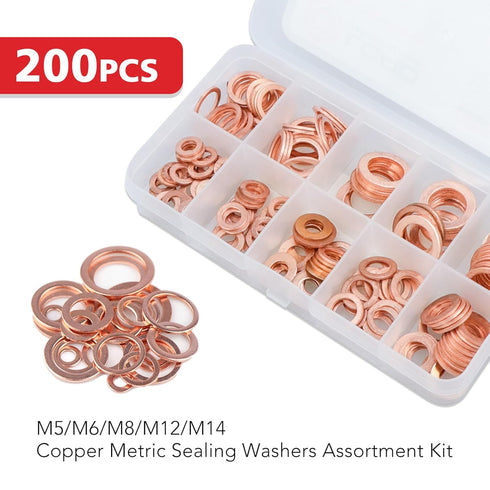 200pcs Copper Washers Sealing Crush Drain Plug Washer Assortment Kit Metric M5 M6 M8 M10 M12 M14 (Copper)...