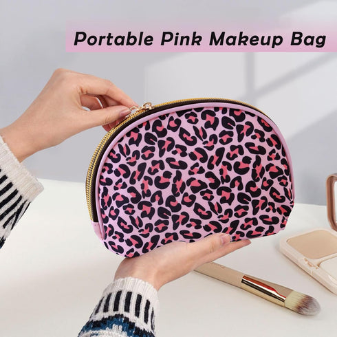Small Pink Leopard Makeup Bag Half Moon Leopard Print Cosmetic Bag Portable Makeup Pouch Bag for Purse...