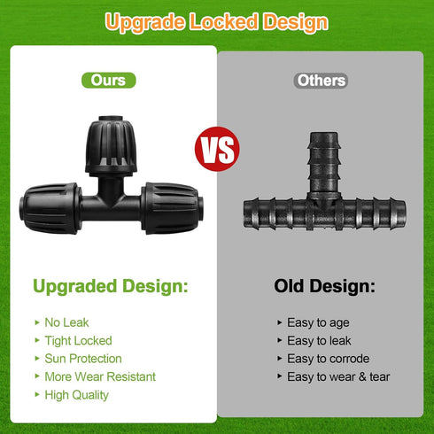 Drip Irrigation Fittings for 1/2 Inch Tubing (0.60"-0.63" OD), 10 Pieces Barbed Tee Drip Parts Locked Tee Connectors, 3 Way Drip Line Nuts Connect...