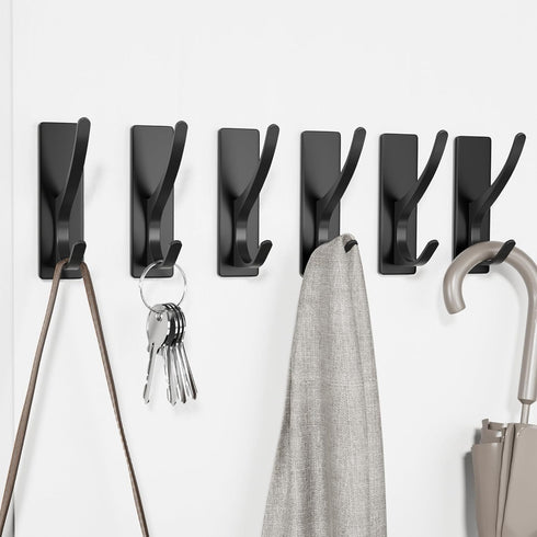 Self Adhesive Coat Hooks for Hanging, Heavy Duty Stainless Double Wall Hook for Towel, Backpack, Hat, Sturdy Metal Hanger for Bathroom, Bedroom, D...