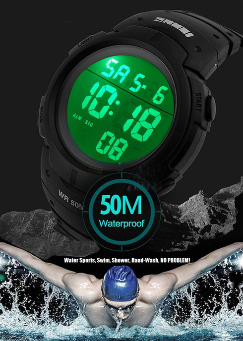 Mens Women Digital Watch Big Dial Light LED Swim Waterproof Rubber Band Alarm Black LED Watches 50MM...
