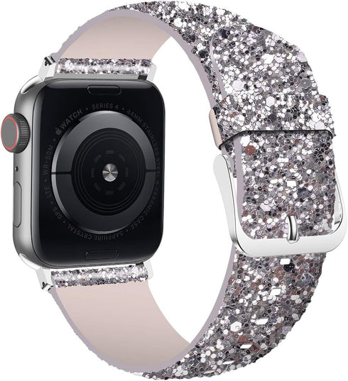 iiteeology Compatible with Apple Watch Band 46mm 45mm 44mm 42mm, Glitter Shiny Bling Leather Band for iWatch Series 10/9/8/7/6/5/4/3/2/1/SE - Silv...