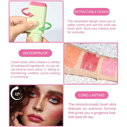 Cream Blush Stick, Monochromatic Blush Beauty Wand for Cheek and Lip Tint with Long Lasting Hydrating Formula, Multi-use Makeup Stick for Blends P...