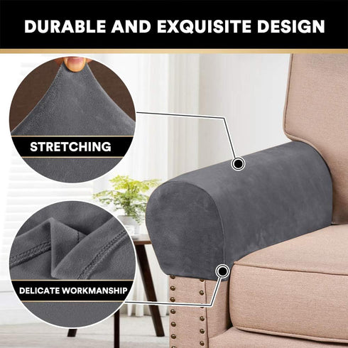 PrinceDeco 4 Pack Thick Velvet Stretch Armrest Covers for Chairs, Sofas & Armchairs - Non Slip, Grey...