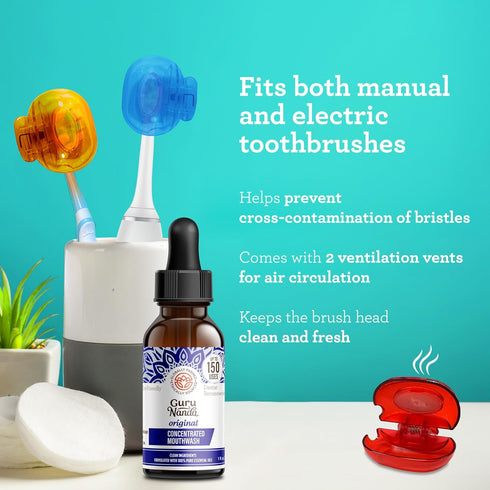 GuruNanda Brush Pods (4 Pack) - Toothbrush Head Cover for Manual & Electric Brushes - Clip-On Plastic Toothbrush Protector with Natural Essential ...