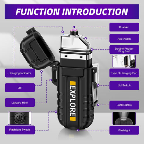 LcFun Arc Lighter Waterproof Electric Lighter USB Type C Rechargeable Lighter Dual Arc Plasma Lighter Flameless Windproof Lighter with Flashlight ...
