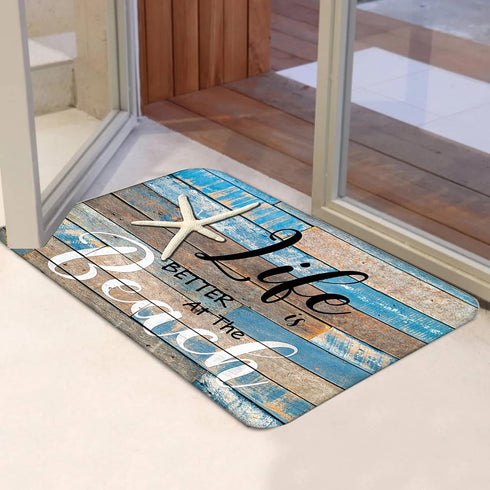 Life is Better at The Beach Door Mat Front Door Welcome Mat Ocean Coastal Starfish Entrance Rug Beach Wood Grain Non Slip Floor Mat for Kitchen En...