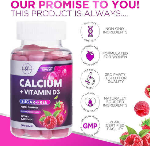 Calcium Supplement + Vitamin D3 - Sugar Free Calcium Gummies for Bone & Teeth Strength Support, Calcium Gummy Chews for Immune Support, Calcium Su...