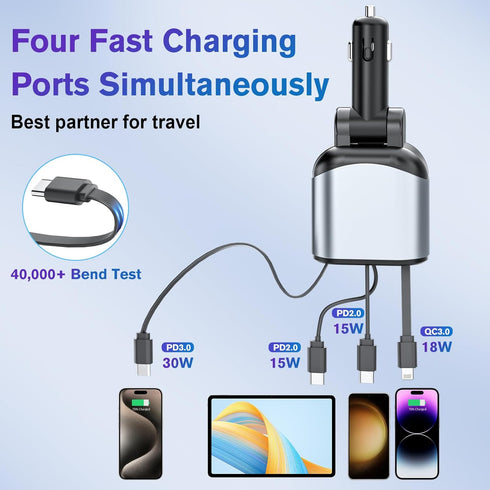 OHLPRO Retractable Car Charger 4 in1, 80W Fast Charge Car Charger Adapter with Retractable Cable Type-C & Lightning and 2 Charge Port USB C/USB A ...