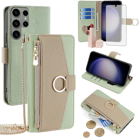 Asuwish Phone Case for Samsung Galaxy S23 Ultra 5G Wallet Cover with Screen Protector and Mirror Flip Cover Ring Card Holder Crossbody Strap Cell ...