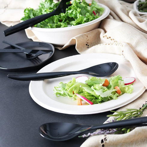 Set of 18 - Heavy Duty Disposable Plastic Serving Utensils, Six 10” Spoons and Forks, Six 6-1/2” Tongs, Black...