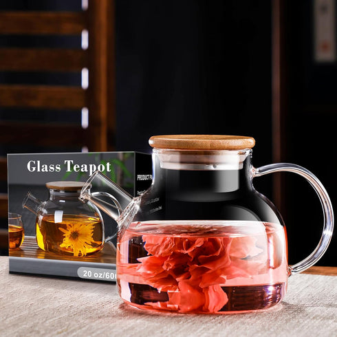 PARACITY Glass Teapot Stovetop 20 OZ/600ml, Borosilicate Clear Tea Kettle with Bamboo Lid, Glass Tea pot with Removable Filter Spout, Teapot Bloom...