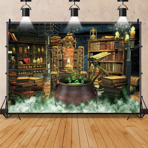 AOFOTO 7x5ft Halloween Photography Backdrop Witch Magic Cauldron Bookshelf in Spooky Room Party Decoration Chemistry Laboratory Skull Kids Adult P...