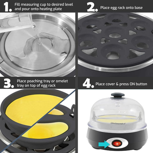 Elite Gourmet EGC007CHC# Rapid Egg Cooker, 7 Easy-To-Peel, Hard, Medium, Soft Boiled Eggs, Poacher, Omelet Maker, Auto Shut-Off, Alarm, 16-Recipe ...