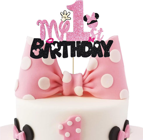 BEISHIDA Girls Cake Topper Mouse Cake Topper Mouse Birthday Party Decorations My 1st Birthday Pink and Black Mouse Birthday Party Supplies for Kid...
