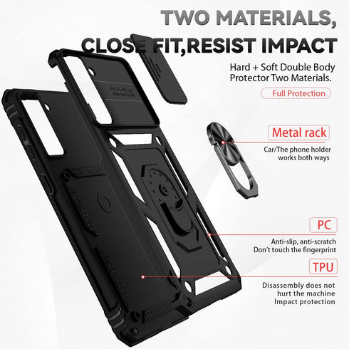 for Samsung Galaxy S21 Case with Camera Lens Cover HD Screen Protector, Dual Layer Military-Grade Drop Tested Magnetic Ring Holder Kickstand Prote...