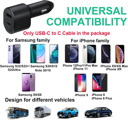 60w Car Charger Super Fast Charging 2.0 Dual-Port (45W+15W) with USB C to C Cable for Samsung Galaxy S24 Ultra/S24/S24+/S23,S22,S21/S21 Ultra/ S21...