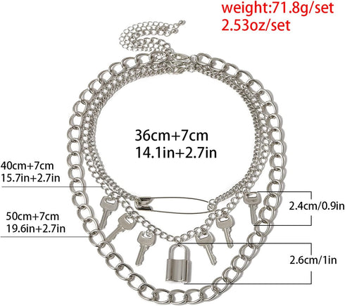 3-5Pcs Punk Layered Key Lock Chunky Chain Choker Necklace Set Gothic Stacking Safety Pin Spike Rivet Collar Necklace for Men Women Hip Hop Rock Co...