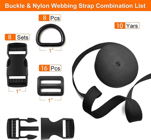 10 Yards 1'' Nylon Webbing Straps 8 Pcs Quick Side Release Buckles for 1inch Strap, 16 Pcs Tri-Glide Slides Flat Plastic Buckle Clips, 8 Pcs Metal...