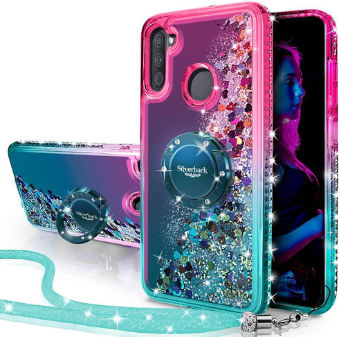 Silverback for Galaxy A11 Case, Moving Liquid Holographic Sparkle Glitter Case with Stand, Bling Diamond Rhinestone Ring Protective Girls Women Ca...