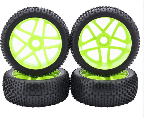 Green 4pcs RC 1:8 Off-Road Rubber Tyre Tires & Plastic Wheel Rim 17mm Hex Wheels and Tires for HSP Kyosho Redcat Tamiya Buggy...