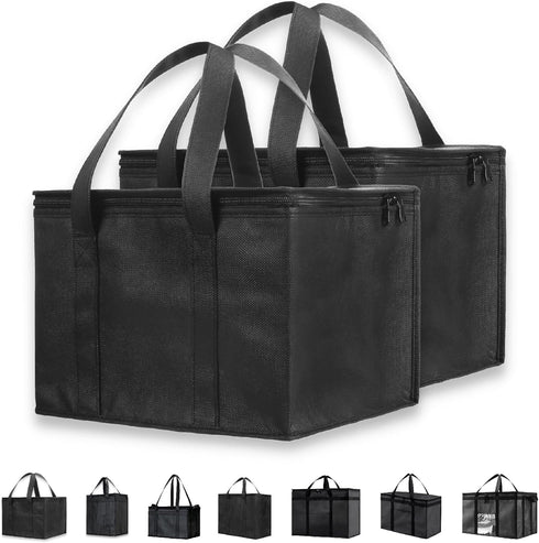 NZ home Insulated Cooler Bag and Food Warmer (Small, 2 pack) for Food Delivery & Grocery Shopping with Zippered Top, Black...