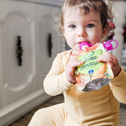 ChooMee SoftSip Food Pouch Top | Baby Led Weaning | No Spill Flow Control Valve, Protects Childs Mouth, 100% Silicone, BPA Free | 2CT Green Purple...