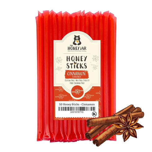 The Honey Jar Cinnamon Flavored Honey Sticks - Pure Honey Straws For Tea, Coffee, or a Healthy Treat - One Teaspoon of Flavored Honey Per Stick - ...
